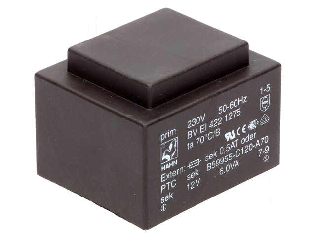 Transformator: ingegoten; 6VA; 230VAC; 12V; 500mA; PCB; BVEI Transformator: ingegoten; 6VA; 230VAC; 12V; 500mA; PCB; BVEI